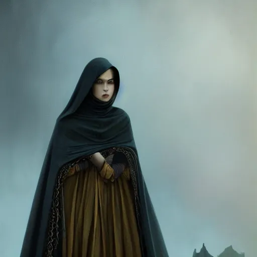 Prompt: a portrait of a young woman wearing a long dark cloak, hood and shadows covering face, holding golden chains, oil painting, matte painting, black background, Volumetric Golden dappled dynamic lighting, Highly Detailed, Cinematic Lighting, Unreal Engine, 8k, HD, by Beksinski