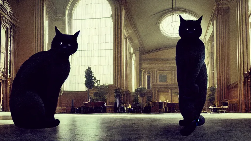 Image similar to the giant cat in city hall, film still from the movie directed by denis villeneuve and david cronenberg with art direction by salvador dali, wide lens