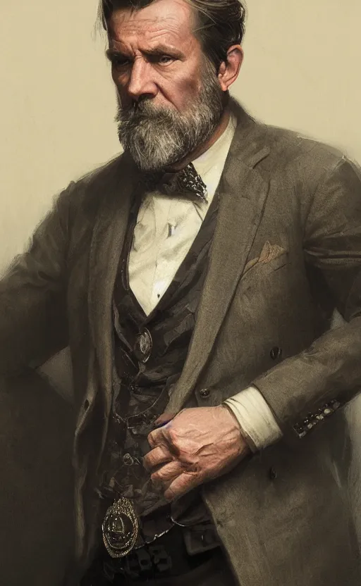 Image similar to official portrait of a middle aged man wearing a waistcoat, male, detailed face, victorian, highly detailed, cinematic lighting, digital art painting by greg rutkowski