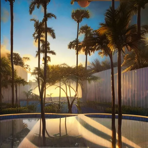 Image similar to indoor liminal space, golden light, peter tarka, palm trees, minimalistic, hyperrealistic surrealism, award winning masterpiece with incredible details, epic stunning, infinity pool mirrors, a surreal vaporwave liminal space with mirrors, highly detailed, trending on artstation, artgerm and greg rutkowski and alphonse mucha, daily deviation