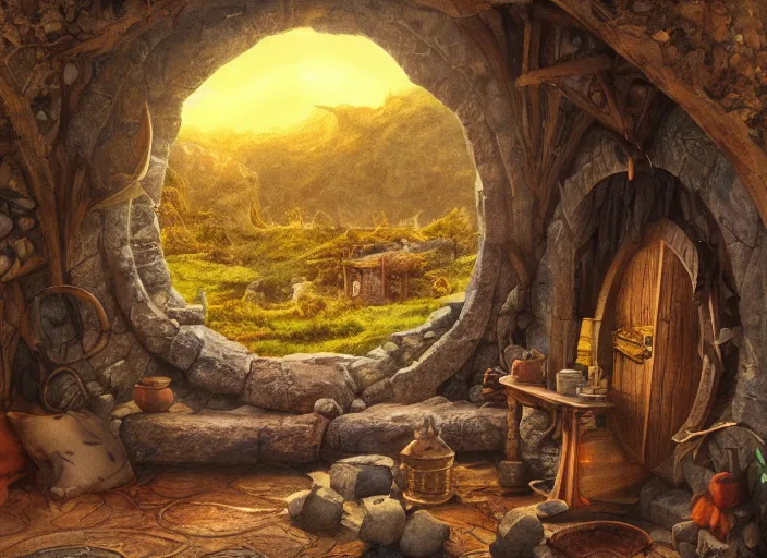 Prompt: the view from inside a hobbit hole looking out a window into a busy hobbit path, by alan lee, sunset, windowsill has a fat orange cat, window glass reflecting, intricate, highly detailed terrain, digital painting, artstation, concept art, smooth, sharp focus, illustration, vfx