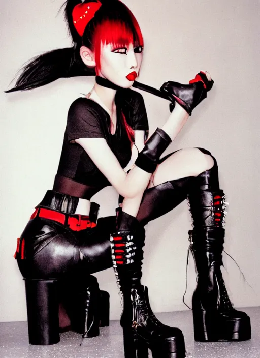 Image similar to photograph of 9 0 s japanese goth girl wearing platform boots and leather outfit, realistic, magazine photo, black eyeliner, long black ponytail, red lipstick