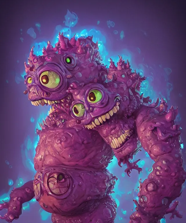 Prompt: a two headed xanathar made of bioluminescence in the art style of monsters inc, crisp 8 k line art, digital painting, artstation, unreal engine, octane render, emissive lighting, concept art, matte, sharp focus, hyper realistic lighting, illustration, deep royal blue and pink color scheme, art by junto ito and shintaro kago