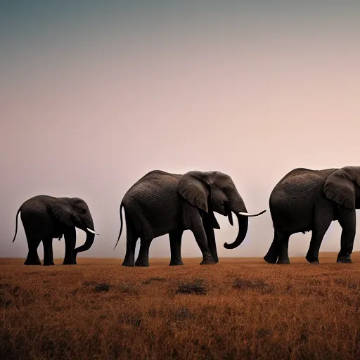 Prompt: an elephant herd in a vast plain, cinematic lighting, national geographic photography, masterpiece, wide angle, canon eos r 3, f / 1. 4, iso 2 0 0, 1 / 1 6 0 s, 8 k, raw, unedited, symmetrical balance