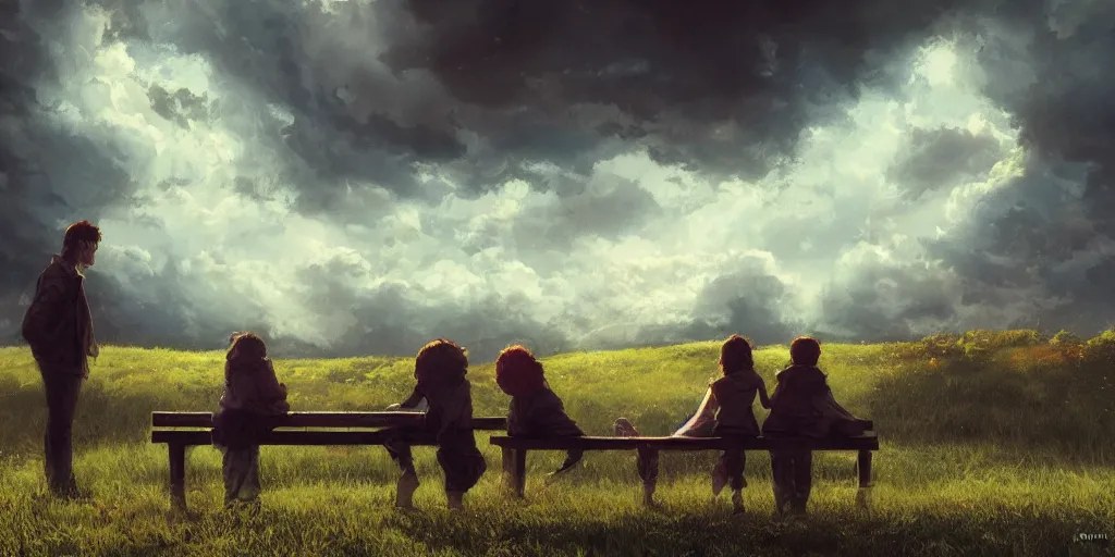 Image similar to a family with sorrow faces sitting on a bench, dramatic sky, close up shot, anime art, Greg Rutkowski, dramatic lighting