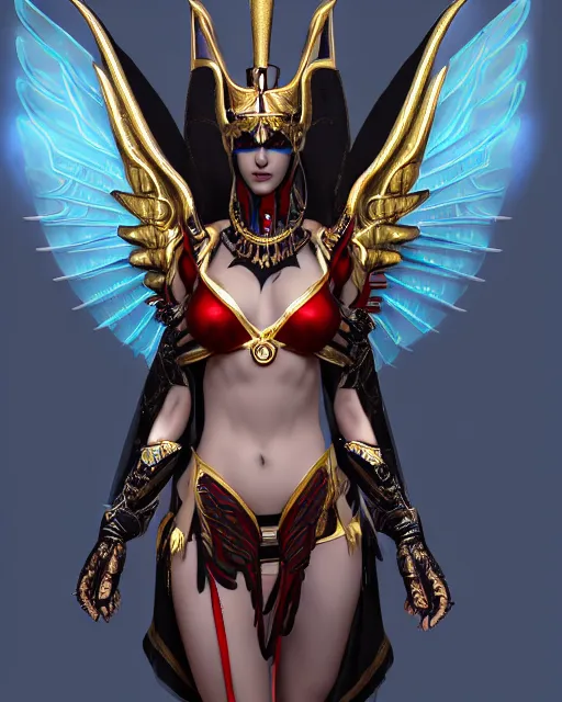 Prompt: sultry egyptian priestess wearing red dove wings, warframe armor, regal, attractive, ornate, sultry, elize theron, pretty face, blue eyes, scifi platform, 4 k, ultra realistic, epic lighting, illuminated, cinematic, black gold, art by akihito tsukushi, voidstar