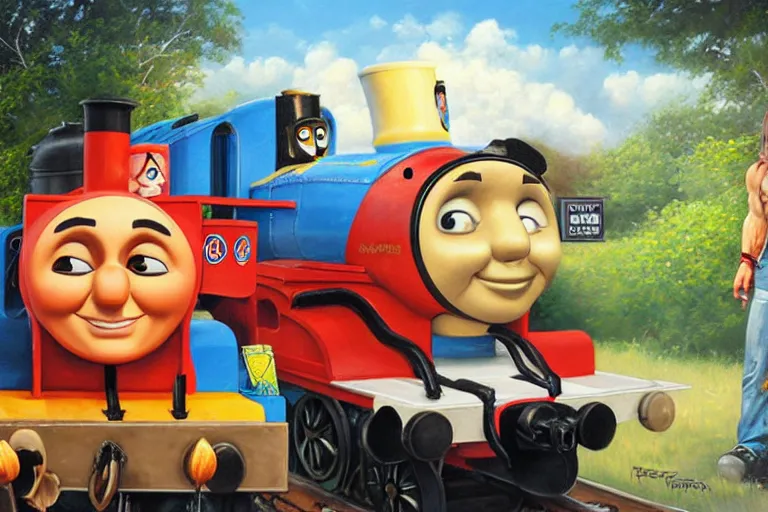 Image similar to portrait of wwf shawn michaels and thomas the tank engine sharing hotdogs, an oil painting by ross tran and thomas kincade