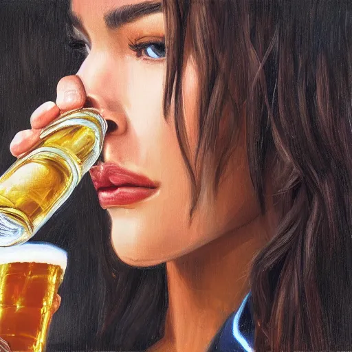 Prompt: 4k,ultra detailed portrait of Madison Beer drinking beer at the parking lot by Rachel Ruysch