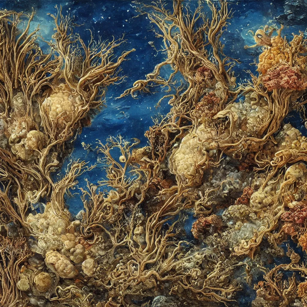 Image similar to beautiful and artistic mycelium on a fantastic planet and unusual inhabitants of the oceans, highly detailed, Allegorical Painting, Archean