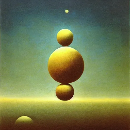 Prompt: multiple spheres floating above the horizon, spread out horizontally, zdzislaw beksinski