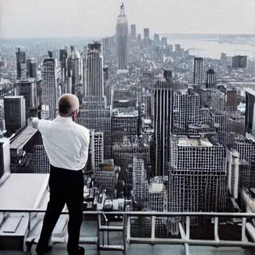 Image similar to walter white from back sitting on chair standing on top of the empire state building strong stance photo by annie leibovitz