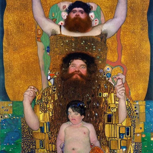 Prompt: by gustav klimt jaunty. a print of a mythological scene. large, bearded man seated on a throne, surrounded by sea creatures. he has a trident in one hand & a shield in the other. behind him is a large fish. in front of him are two smaller creatures.