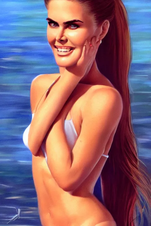 Image similar to mix of beautiful young maria shriver, mariel hemmingway, brooke shields, nicole kidman and elle macpherson as a young bikini model, thin lips, hair tied up in a pony tail, dark blonde hair, colorful, artstation, cgsociety