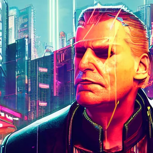 Image similar to trump as a leader to an evil corporation in cyberpunk 2 0 7 7, technological, movie footage, high - tech, still frame