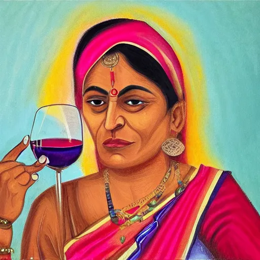 Prompt: indian woman sipping wine, highly detailed, lonely, diverse colors, 4 k, dynamic composition