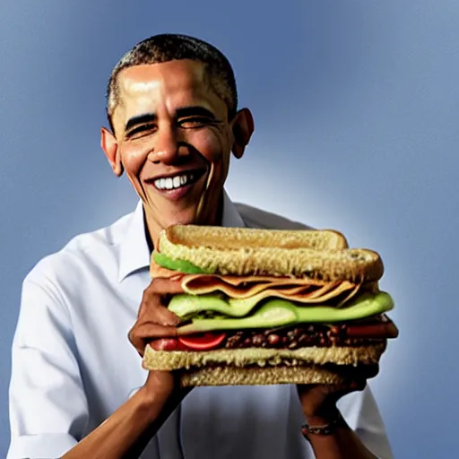 Prompt: Obama holding a noodle sandwich, realistic portrait