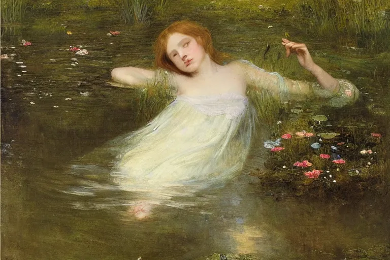 Prompt: a virtuosic portrait of a beautiful young drowned girl, floating in the dark waters of a river surrounded by high green grass and many fine flowers, wearing a nicely crafted antique dress, by sir john everett millais, realistic, hyperdetailed, ethereal, sad, masterpiece, oil painting