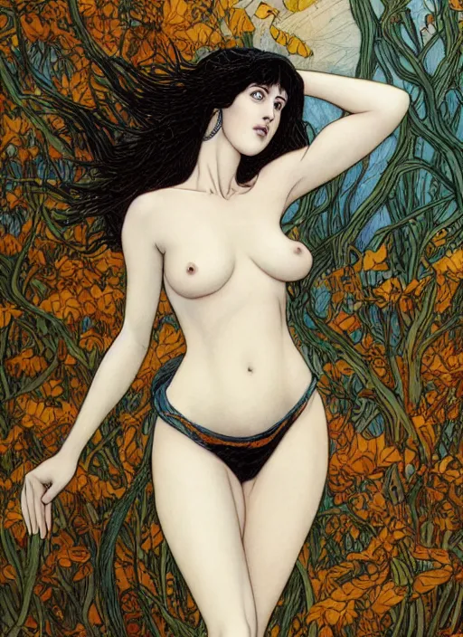 Image similar to dramatic ethereal full length illustration of Phoebe Cates in the style of Rebecca Guay, full slim body, not realistic, sharp focus, 8k high definition, insanely detailed, intricate, elegant