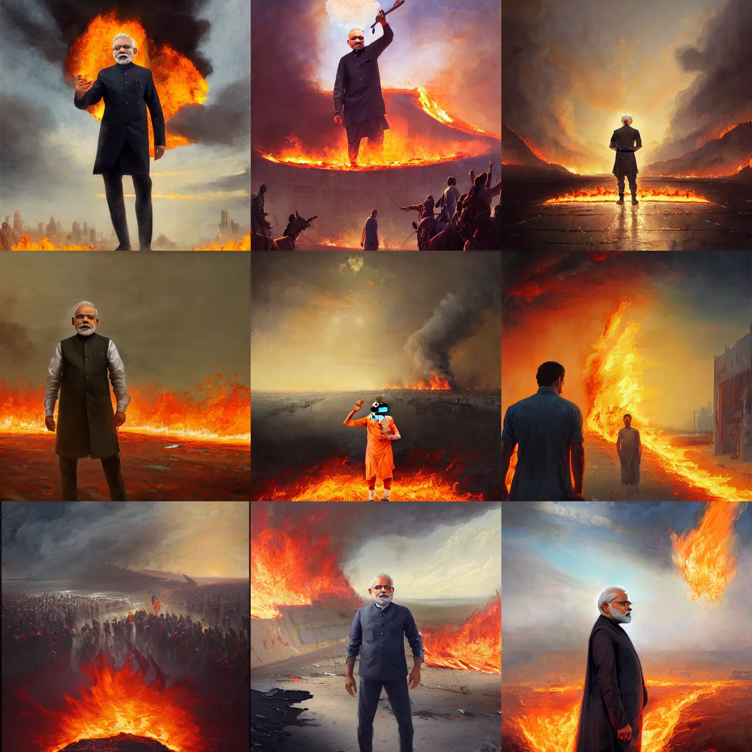 Prompt: Narendra Modi standing in front of a burning and rioting Gujrat, masterpiece, oil on canvas, by Greg Rutkowski, by William Blake, by John Howe, sharp, HD, detailed, cinematic composition, dramatic, concept art, best lighting, 8K,