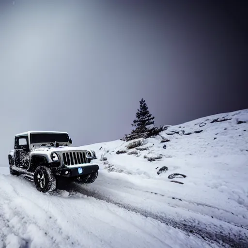 Image similar to white jeep wrangler driving up snow covered mountain on edge of a cornice, dreamy atmosphere, snowing, dramatic lighting, cinematic, photo realism