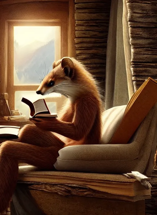 Image similar to A beautiful scene from a 2022 fantasy film featuring a humanoid pine marten wearing loose white clothing reading an ancient tome on a couch. An anthropomorphic pine marten. Golden hour.