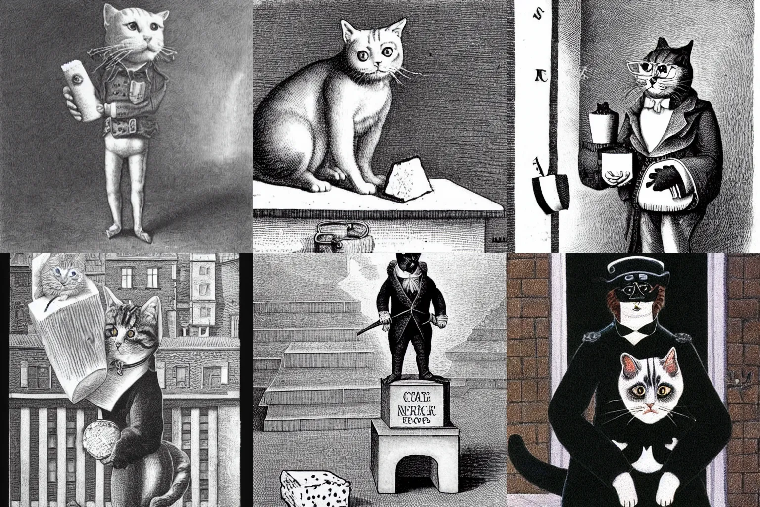 Prompt: a cat dressed as Napoleon holding cheese by M. C. Escher