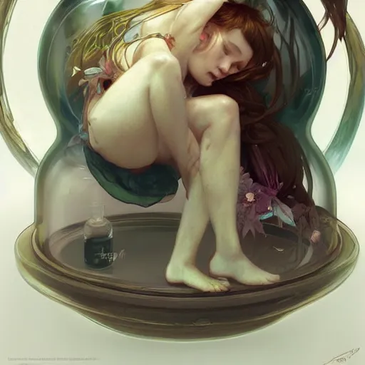 Prompt: A pouting fairy sitting in a jar, digital painting, detailed, artstation, Krenz Cushart, Greg Rutkowski, Alphonse Mucha, Artgerm