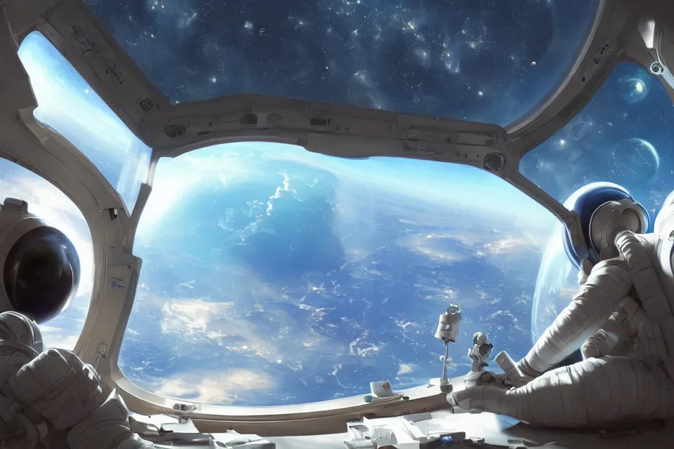 Prompt: rendering of a scene with an astronaut looking at earth through the window of his spaceship by makoto shinkai and thomas kinkade, fantasy matte painting, trending on cgsociety and unreal engine, light effect, highly detailed, super wide angle