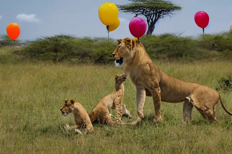 Prompt: award - winning panoramic nature photography, a scenic picture of a flamboyant lioness celebrating her birthday on the serengeti. balloons are in the background. birthday party setting. the lions are eating a birthday cake. extremely detailed lioness. hyperrealistic, 8 k