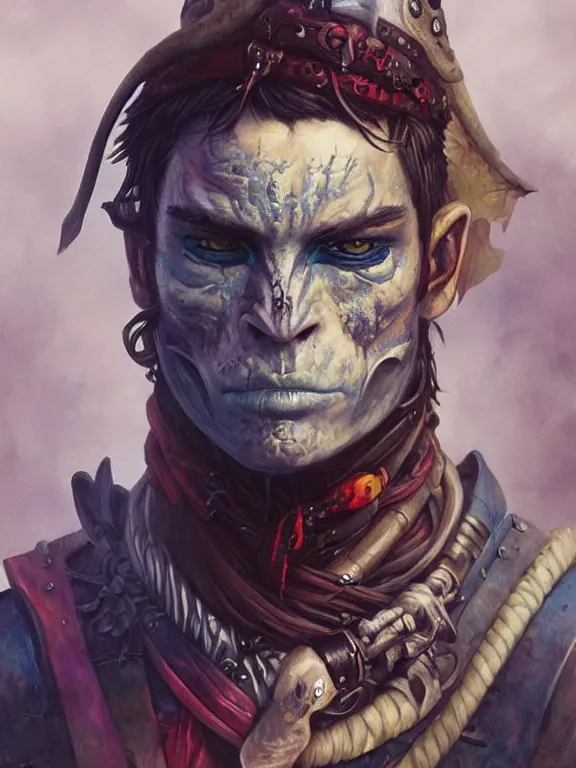 Image similar to art portrait of blue Dragonborn pirate,by tristan eaton,Stanley Artgermm,Tom Bagshaw,Greg Rutkowski,Carne Griffiths,trending on DeviantArt,face enhance,minimalist, dungeons and dragons,full of colour,