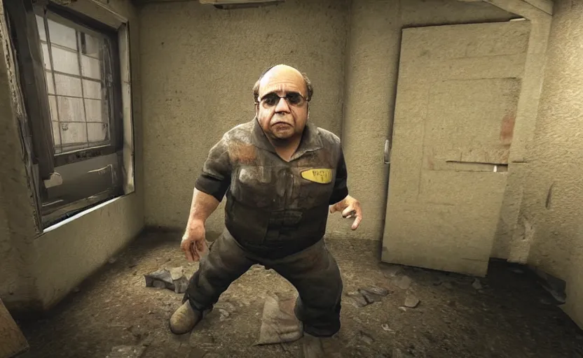 Prompt: Danny devito found inside a room, escape from tarkov