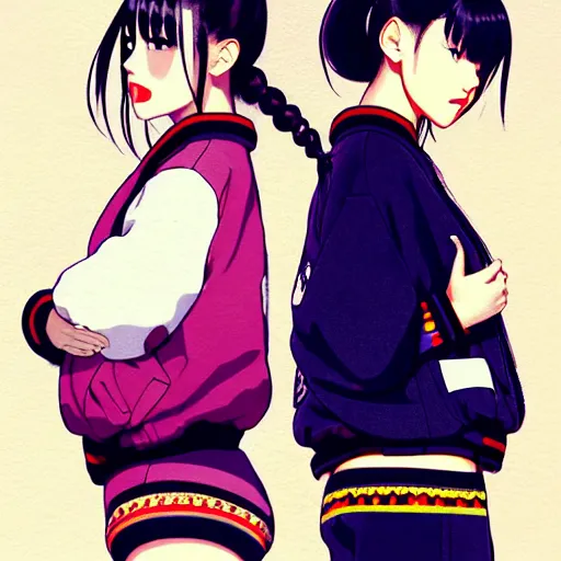 Image similar to a beautiful plus sized model japanese natalie portman, alluring, wearing oversized mayan bomber jacket and leotard with overalls, bulky poofy bomber jacket with mayan patterns, aztec street fashion, gapmoe yandere grimdark, trending on pixiv fanbox, painted by greg rutkowski makoto shinkai takashi takeuchi studio ghibli, akihiko yoshida
