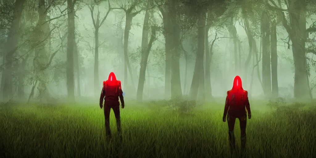 Prompt: inside of alien lush summer green landscape of human mind and imagination of a beautifully strange a gamekeeper wearing a solarpunk mechanical fluorescent mystical animal mask and red hoods. walking in the misty swamp. in style of fornite game. morning fog, matte painting, beautiful render, octane render, concept art