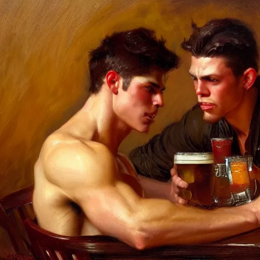 Image similar to attractive muscular male with dark red hair with muscular attractive male with black hair, drinking their hearts out, in a pub. very defined and highly detailed painting by gaston bussiere, j. c. leyendecker, craig mullins 8 k