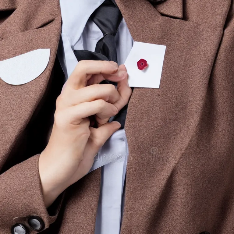 Prompt: woman in suit with hexagon shaped buttons showing a piece of paper to the camera, stock photo,