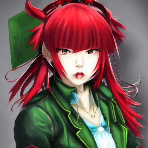 Prompt: an intimidating female flower plant youkai woman, yuuka kazami, with short wavy green hair and burning piercing red eyes, wearing a red plaid dress, 4 k digital beautiful detailed touhou character art portrait