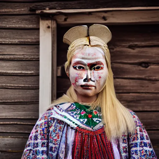 Prompt: ethnographic portraiture photograph of an extremely beautiful!!!! young blonde woman with symmetric face. wearing traditional greenlandic national dress. in front of her house. petzval lens. shallow depth of field. on flickr, award winning. national geographic