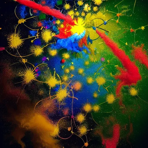 Image similar to color powder explosion on top of baroque renaissance painting, particles, fine detail, damien hirst and jackson pollock and james jean, golden ratio, fractal, sharp focus, artstation