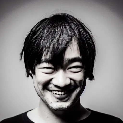 Prompt: very old photo of joji grinning at the camera with his head being slightly tilted to the right, lots of grain, red reflection in eyes, dark pitch black background, in te style of the album ballads 1.