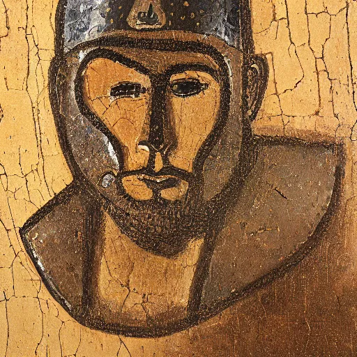 Image similar to a scrappy bronze age thief man, ancient mesopotamia, hiding, opportunistic expression, sword and sandal character portrait by anna archer, charles angrand