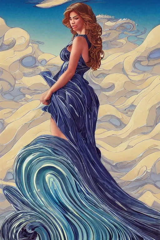 Prompt: Sofía Vergara as a heroine with a dress inspired by the great wave off kanagawa, digital painting, artstation, concept art, smooth, sharp focus, illustration, in-frame, centered, art by artgerm and donato giancola and Joseph Christian Leyendecker, Ross Tran, WLOP