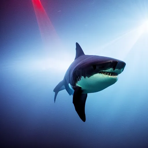 Image similar to A great white shark with red laser light emanating from its eyes, underwater photography, creepy, 8k