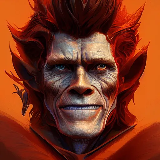 Image similar to Portrait of Willem Dafoe as the Sauron, horns under his cheek, mattepainting concept Blizzard pixar maya engine on stylized background splash comics global illumination lighting artstation lois van baarle, ilya kuvshinov, rossdraws