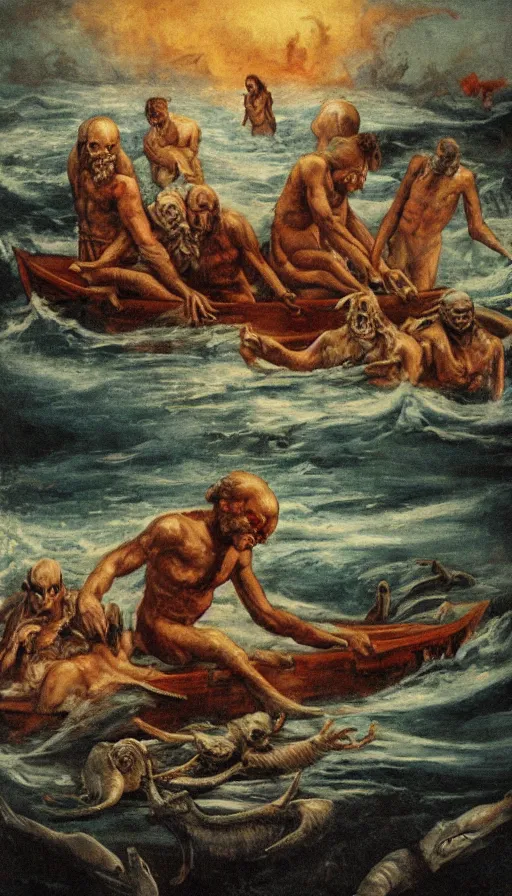 Image similar to man on boat crossing a body of water in hell with creatures in the water, sea of souls, by schizophrenia patient