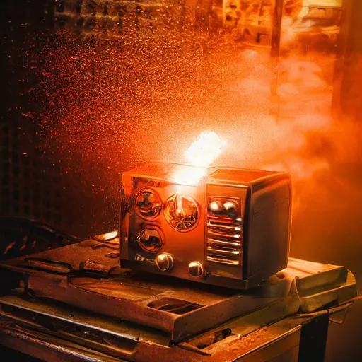 Image similar to toaster oven mecha head, dark messy smoke - filled cluttered workshop, dark, dramatic lighting, orange tint, sparks, cinematic, highly detailed, sci - fi, futuristic, movie still