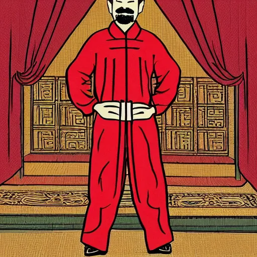 Prompt: A man is standing in front of a red curtain. He has his hands behind his back and his feet are spread apart. He is looking to the side. The man looks to be in his early twenties and has a mustache. The clothing he is wearing is traditional Han Dynasty clothing. The color of the clothing is red. by Adam Hughes, Adi Granov