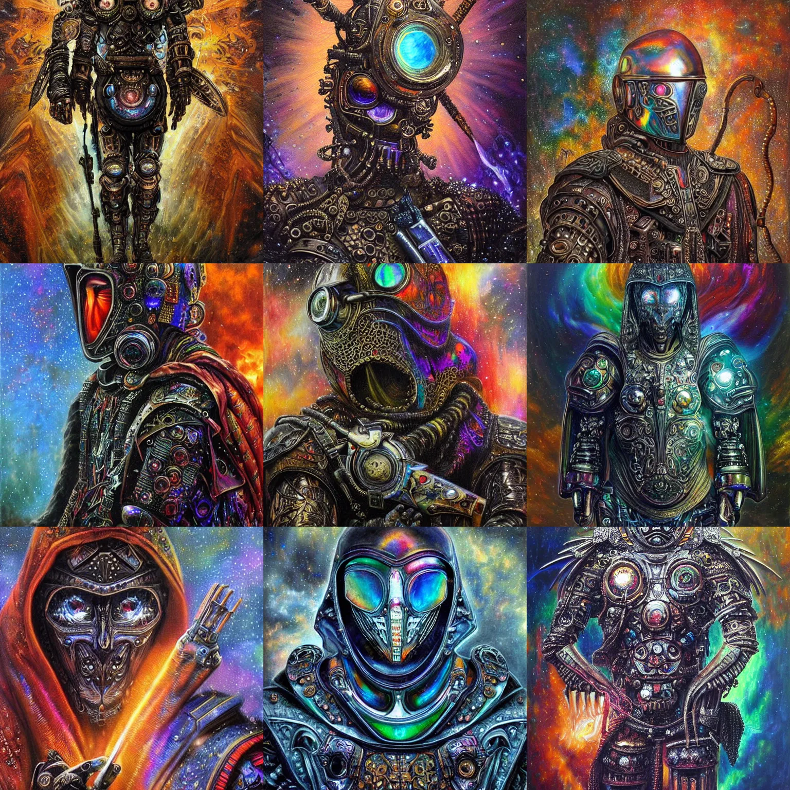 Prompt: Dark gritty realistic highly detailed intricate artistic award winning oil painting render featuring the iridescent ornate cloaked hooded warrior partially cybernetic entity god of future technology brandishing cosmic smoking iridescent weaponry, intricate, ornate, gothic, rainbow of colors, polychromic armor, smooth oil painting, vivid realistic colors, epic megastructure space scene background, super intricate, galactic, moody colors, realistic, real colors, moody, ominous, dangerous aura, microchips, crystallic, iridescent, lasers, gems, multicolored glints, precious elements, beautiful, detailed, concept art, render, unreal engine, 4K, artstation