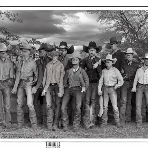 Prompt: eighteen cowboys, photography