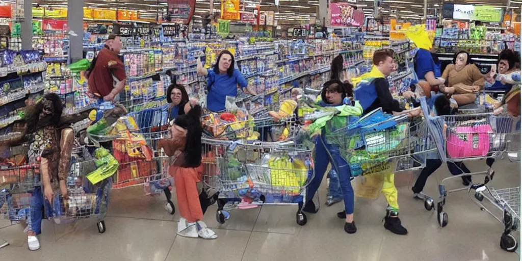 Image similar to a highly detailed photo of aliens fighting with Walmart customers, hilarious