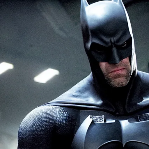 Image similar to jason statham as batman, an film still